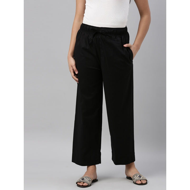 Go Colors Women Solid Cotton Wide Leg Pants - Black (S)