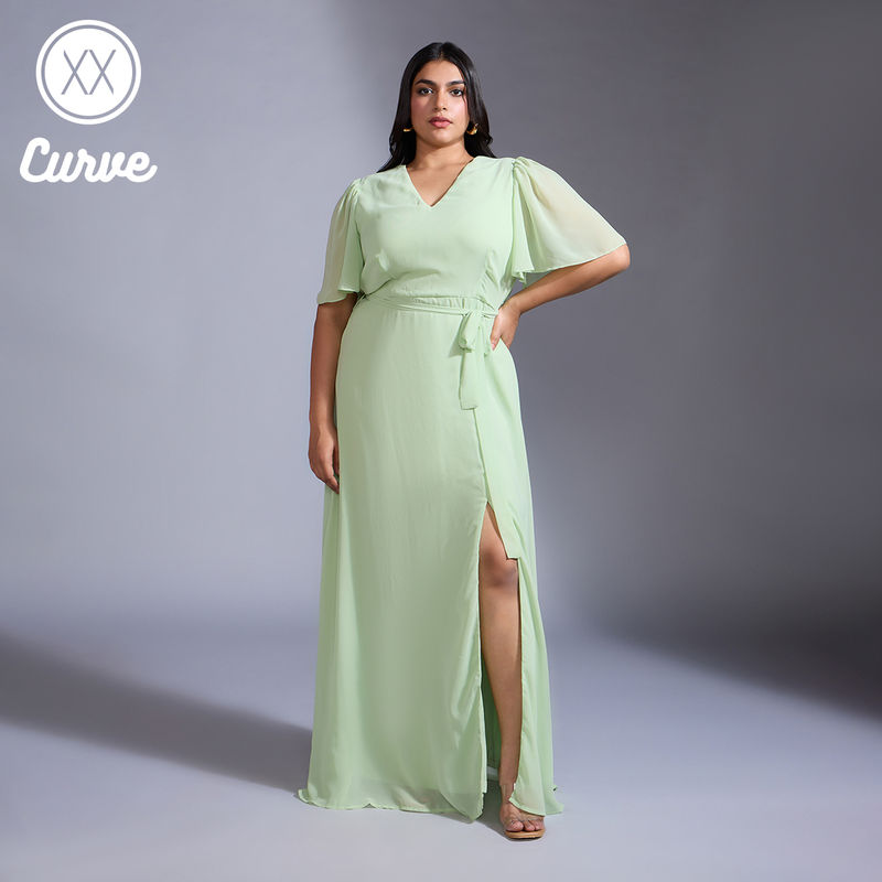 Twenty Dresses by Nykaa Fashion Curve Light Green Solid V Neck Belted Maxi Gown (Set of 2) (2XL)