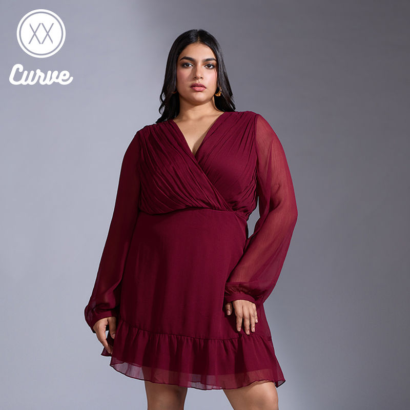 Twenty Dresses by Nykaa Fashion Curve Wine Solid Short A Line Wrap Dress (2XL)