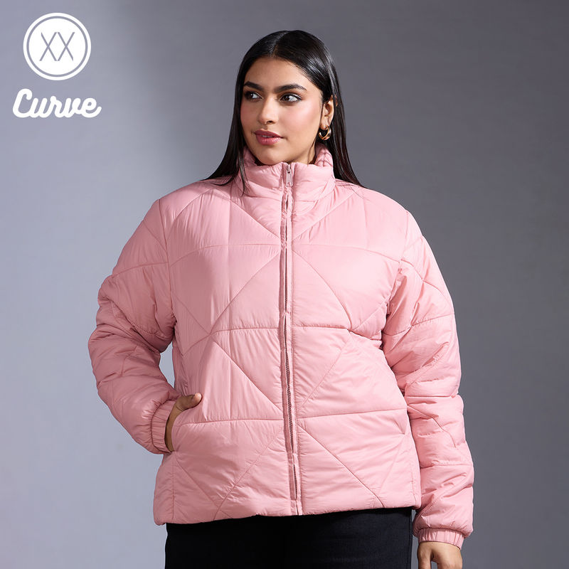 Twenty Dresses by Nykaa Fashion Curve Pink Solid Triangular Quilted Puffer Jacket (XXL)