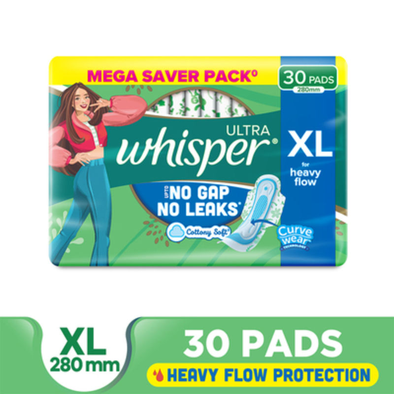 Whisper Ultra Upto No Gap No Leaks Sanitary Pads For Heavy Flow Protection - 30 XL Pads