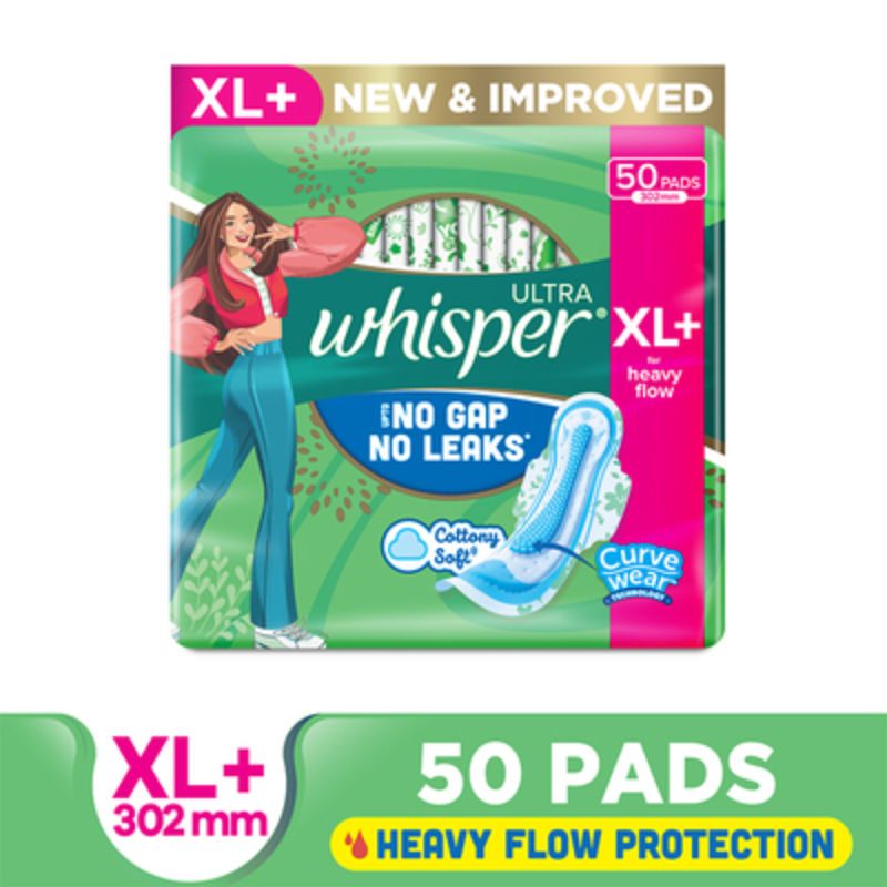 Whisper Ultra Upto No Gap No Leaks Sanitary Pads, 50 XL+ Pads, For Heavy Flow Protection