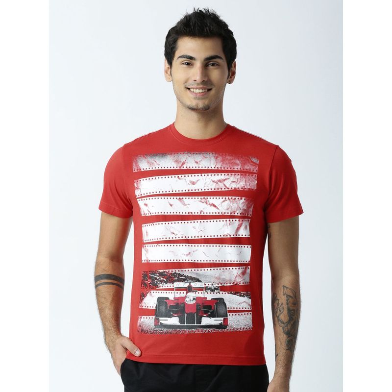 Huetrap Mens Printed Round Neck Red T-Shirt (XL)