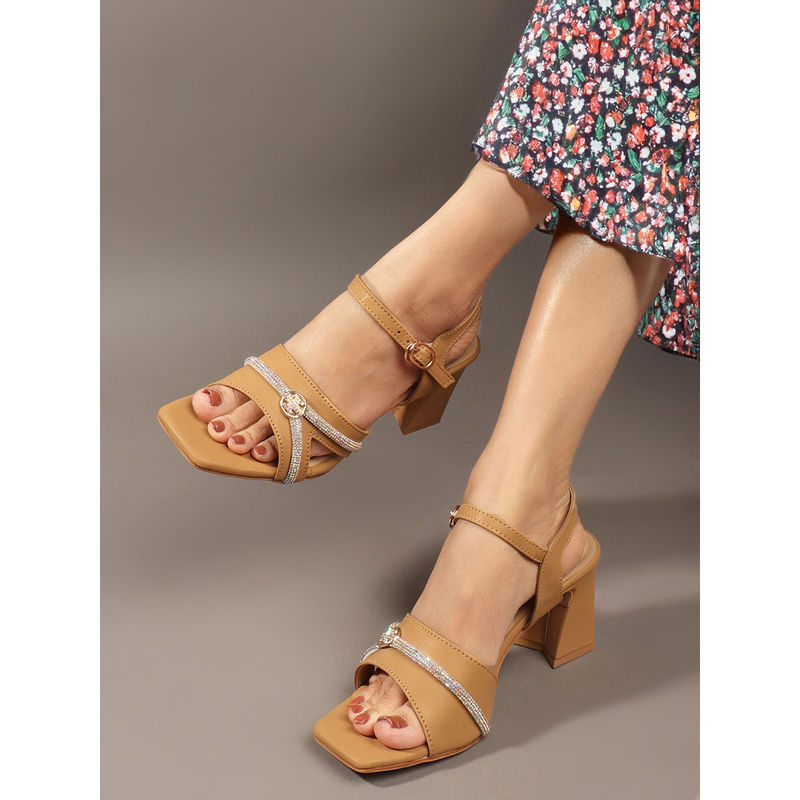Carlton London Tan Square Toe Block Heel Sandals for Women (EURO 36)