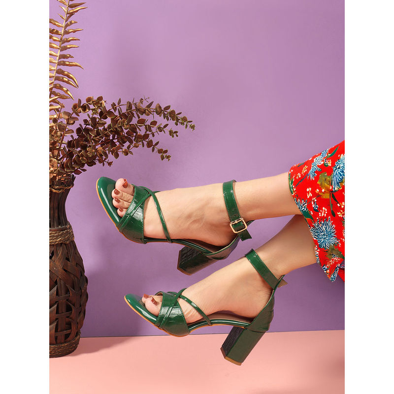 Carlton London Olive Round Toe Block Heel Sandals for Women (EURO 40)