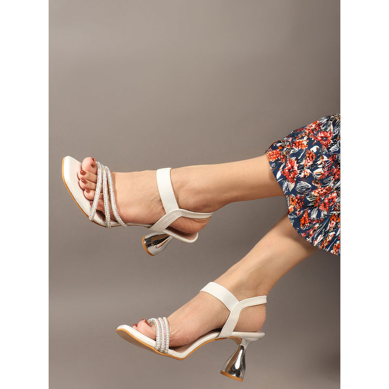 Carlton London White Square Toe Spool Heel Sandals for Women (EURO 41)