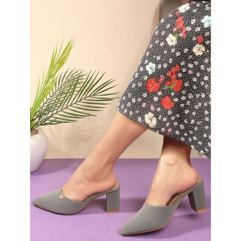 Carlton London Grey Pointed Toe Block Heel Mules for Women (EURO 40)
