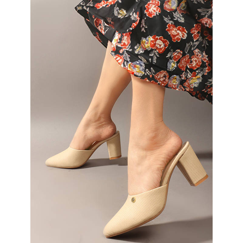 Carlton London Beige Pointed Toe Block Heel Mules for Women (EURO 41)