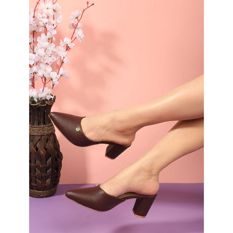 Carlton London Brown Pointed Toe Block Heel Mules for Women (EURO 39)