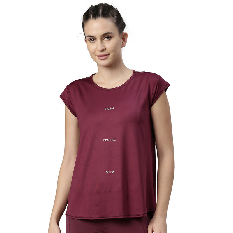 Enamor Athleisure A303-Dry Fit Antimicrobial Short Sleeve Crew Neck Active Long Tee-Plum (L)