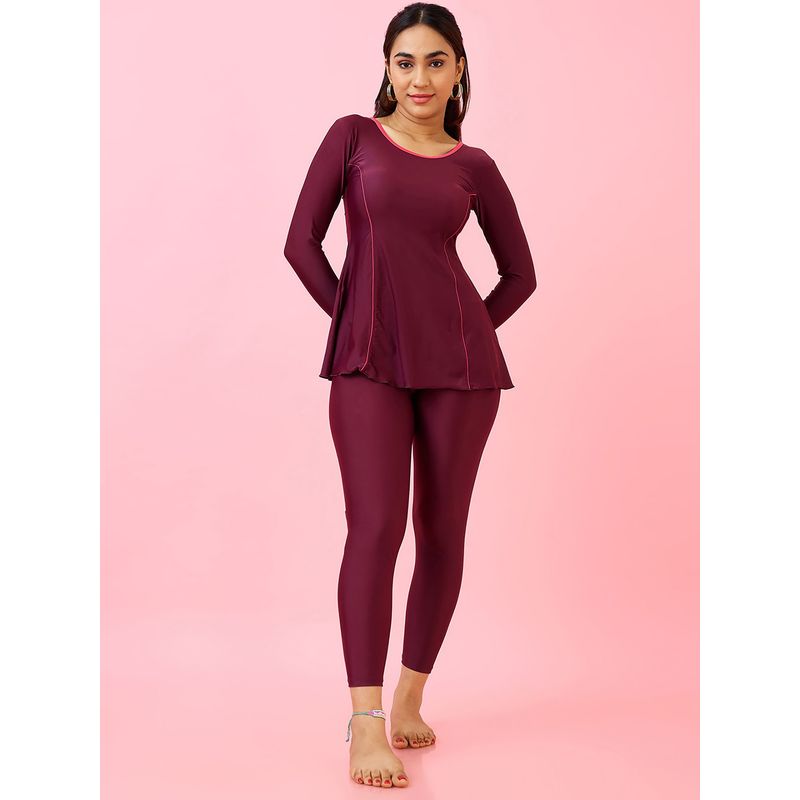 LYCOT Women Wine Nylon Curve Swim Dress with Attached Tights (S)