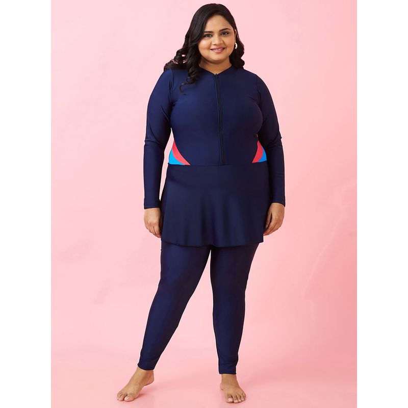 LYCOT Women Navy Blue Nylon Full Coverage Zip Swim Dress with Attached Tights (S)