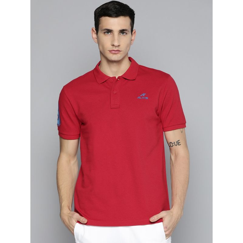 Alcis Red Printed Collar Neck Polo T Shirt (L)