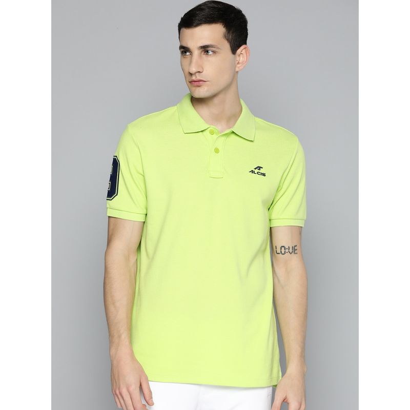 Alcis Green Printed Collar Neck Polo T Shirt (XL)
