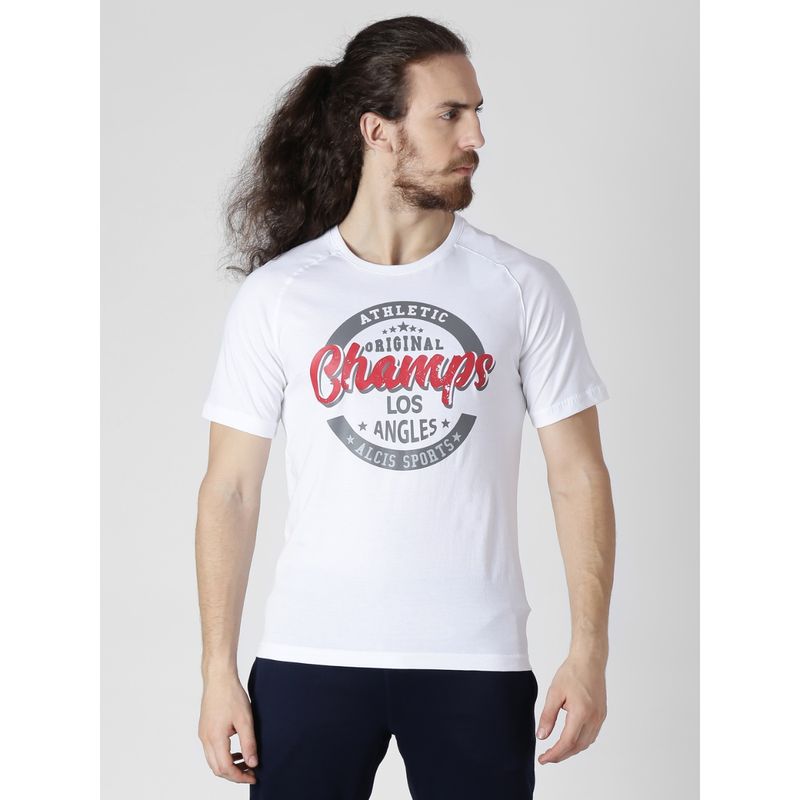 Alcis Men White Printed Round Neck T Shirt (M)