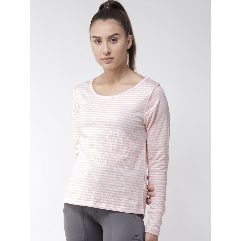 Alcis Women Multi Color Stripes Round Neck Yoga T Shirt (L)