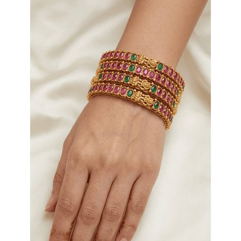 GRIIHAM Multi-Color Gold Plated Stone Studded Temple Bangles (Pack of 4) (2.8)