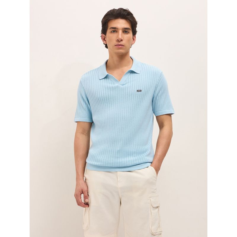 THE BEAR HOUSE Men's Blue Regular Fit Textured Cotton Casual Polo T-Shirt (S)