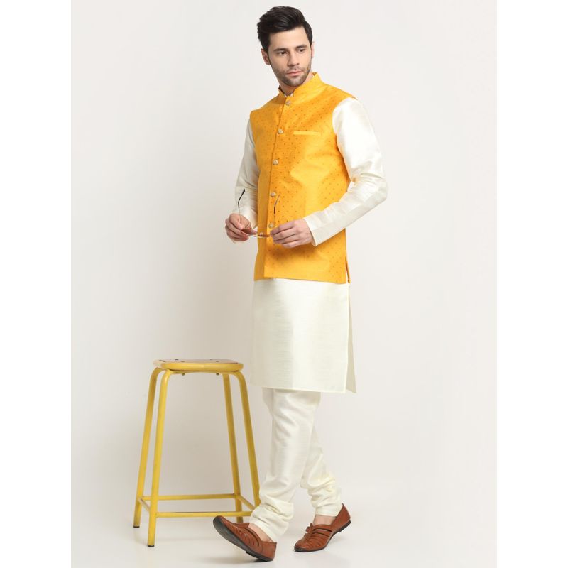 Kraft India Men Silk Blend Cream Kurta and Churidar with Yellow Nehru Jacket (Set of 3) (36)