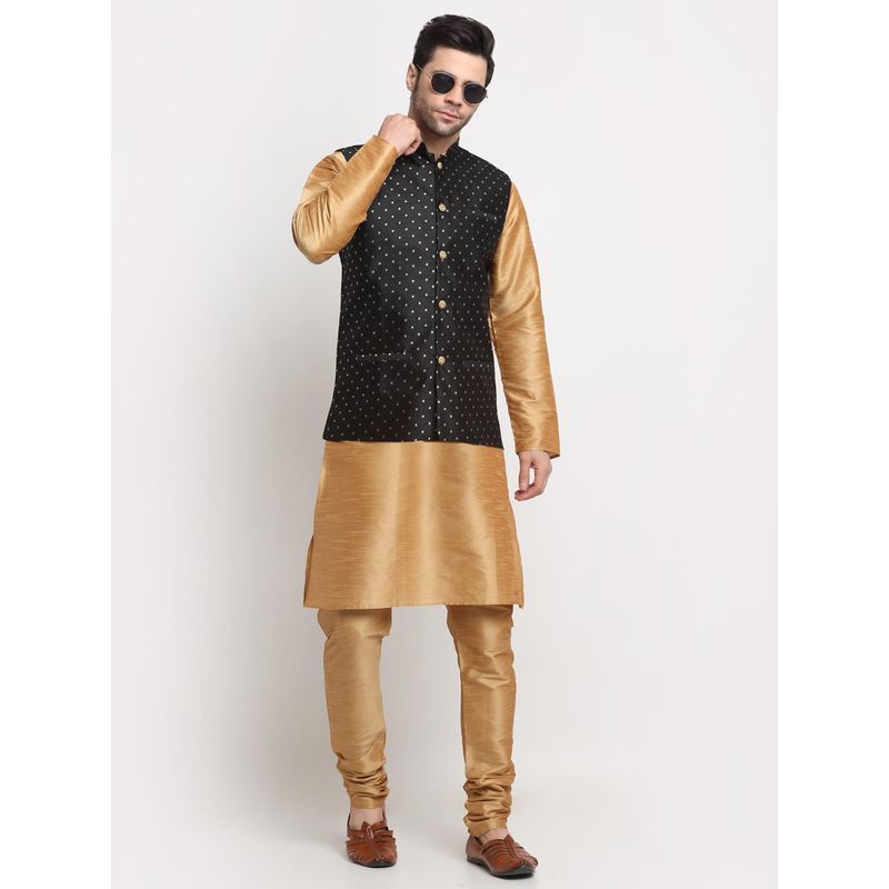 Kraft India Men Silk Blend Gold-Toned Kurta and Churidar with Black Nehru Jacket (Set of 3) (36)