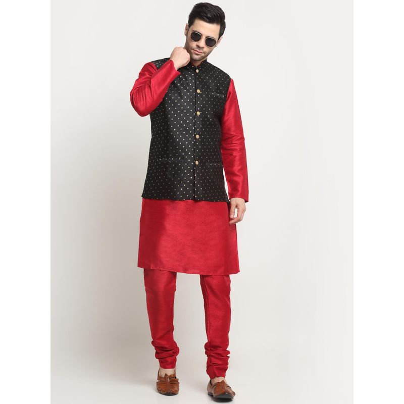 Men'S Maroon Dupion Silk Kurta With Churidar & Nehru Jacket