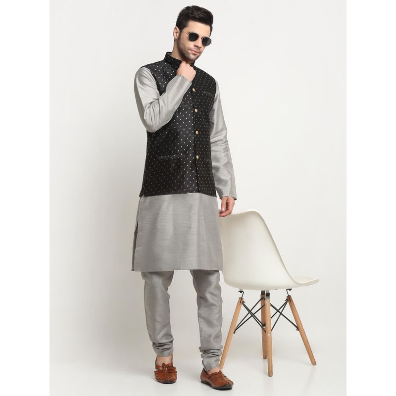 Kraft India Men Silk Blend Silver-Toned Kurta and Churidar with Black Nehru Jacket (Set of 3) (36)