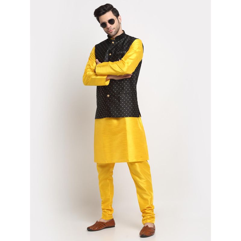 Kraft India Men Silk Blend Yellow Kurta and Churidar with Black Nehru Jacket (Set of 3) (36)
