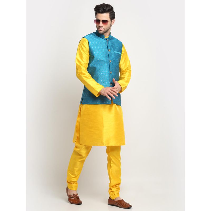 Kraft India Men Silk Blend Yellow Kurta and Churidar with Blue Nehru Jacket (Set of 3) (36)