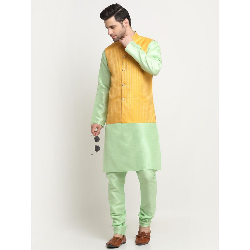 Kraft India Men Silk Sea Green Kurta Churidar with Yellow Ethnic Motifs Nehru Jacket (Set of 3) (36)