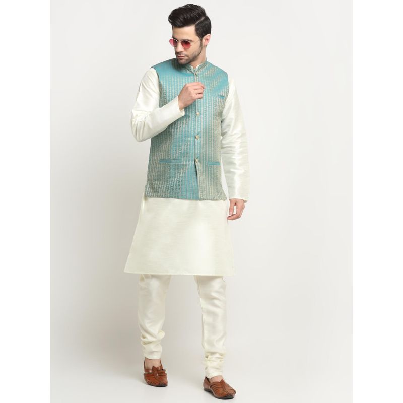 Kraft India Men Silk Cream Kurta and Churidar with Blue Ethnic Motifs Nehru Jacket (Set of 3) (38)