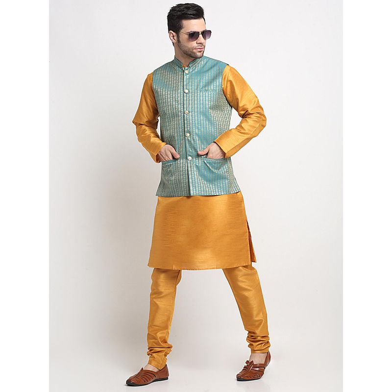Kraft India Men Silk Mustard Kurta and Churidar with Blue Ethnic Motifs Nehru Jacket (Set of 3) (36)