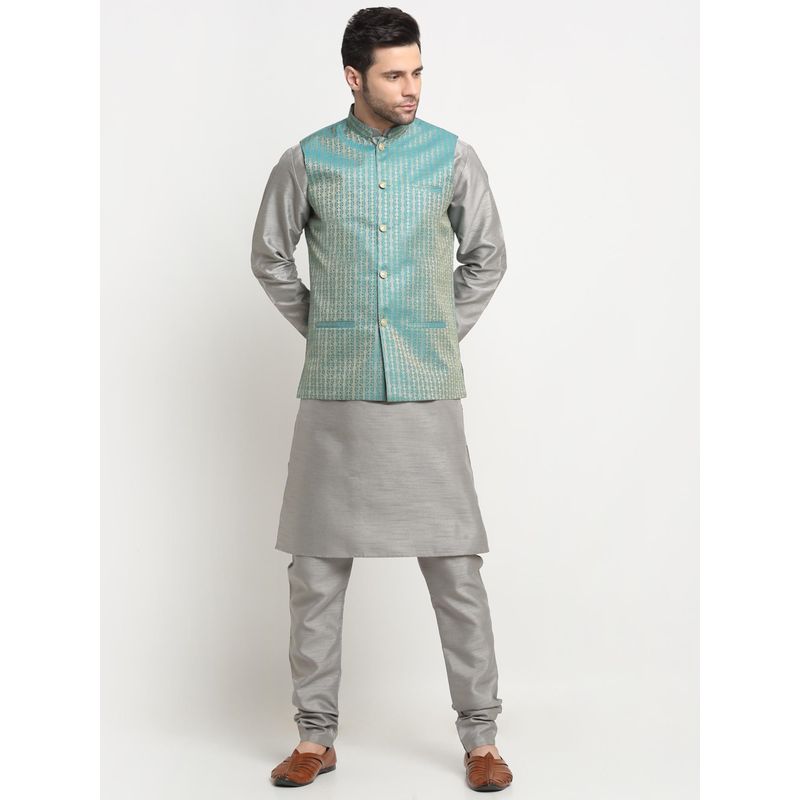 Kraft India Men Silk Silver Kurta Churidar with Blue Ethnic Motifs Nehru Jacket (Set of 3) (44)