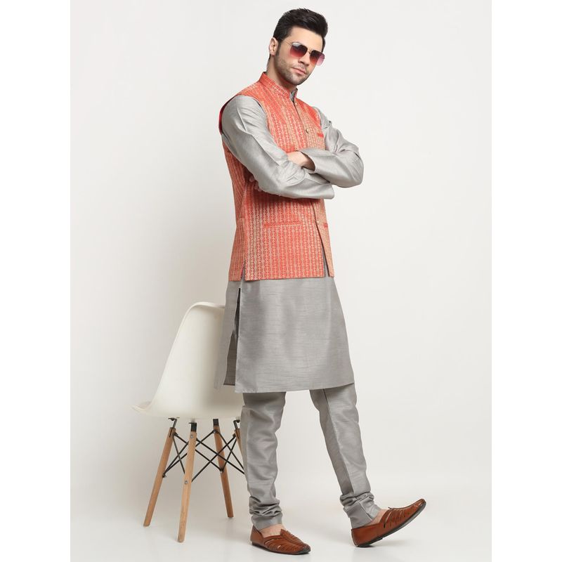 Kraft India Men Silk Silver-Toned Kurta Churidar with Red Ethnic Motifs Nehru Jacket (Set of 3) (36)