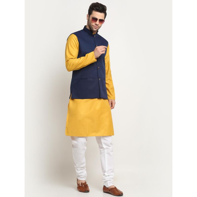 Kraft India Men Cotton Mustard Kurta and Churidar with Navy Blue Nehru Jacket (Set of 3) (36)