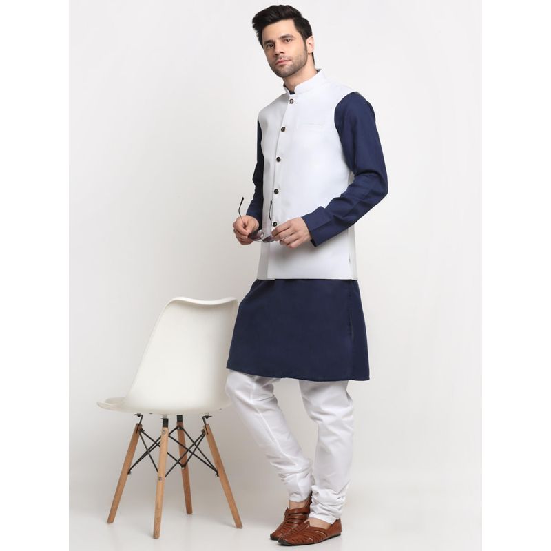 Kraft India Men Cotton Navy Blue Kurta and Churidar with White Nehru Jacket (Set of 3) (44)