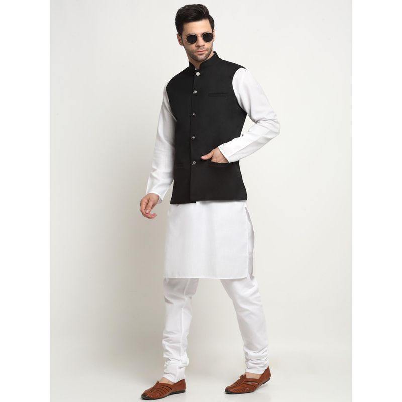 Kraft India Men Cotton White Kurta and Churidar with Black Nehru Jacket (Set of 3) (36)