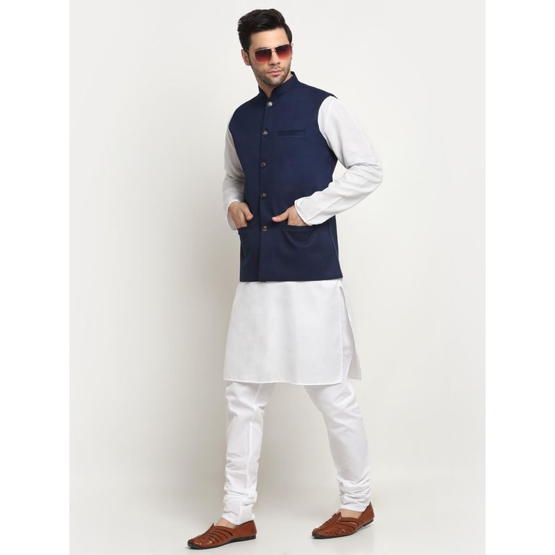 Kraft India Men Cotton White Kurta and Churidar with Navy Blue Nehru Jacket (Set of 3) (42)