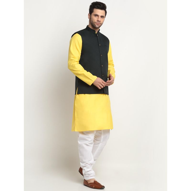 Kraft India Men Cotton Yellow Kurta and Churidar with Green Nehru Jacket (Set of 3) (36)