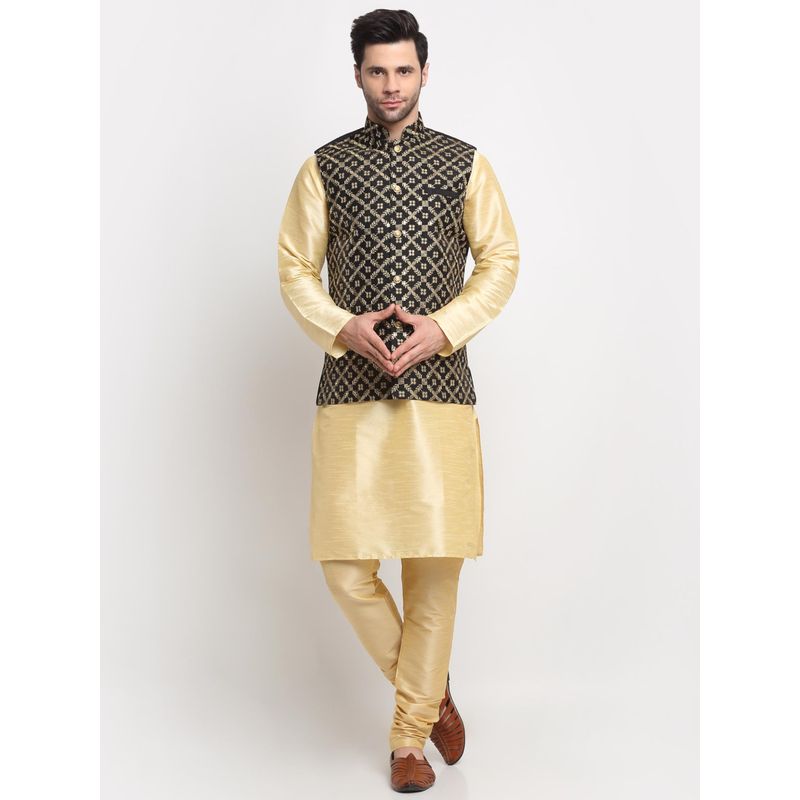 Kraft India Men Silk Beige Kurta and Churidar with Black Embroidered Nehru Jacket (Set of 3) (36)