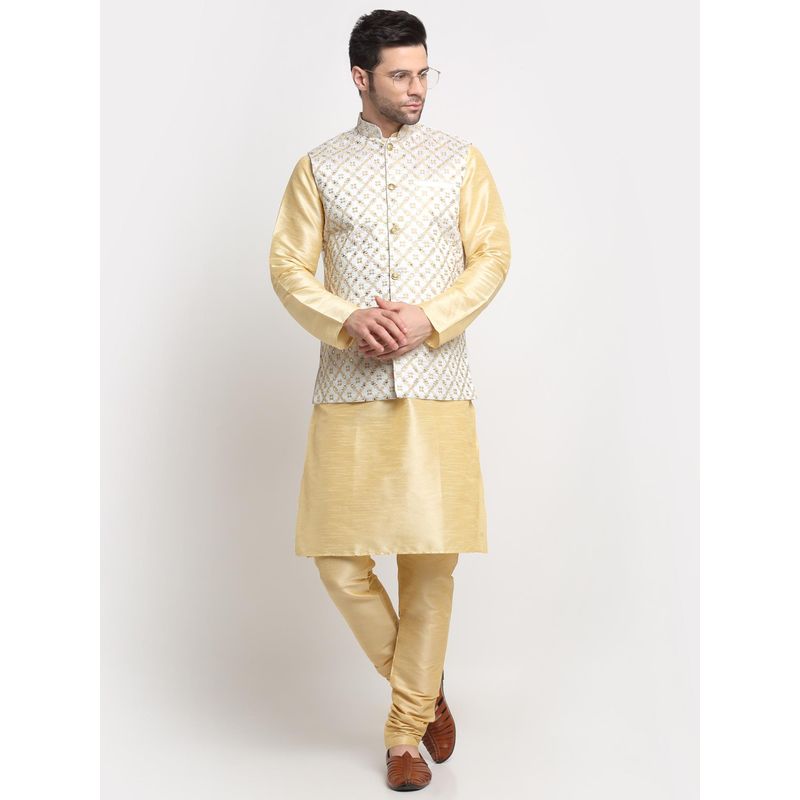 Kraft India Men Silk Beige Kurta and Churidar with Cream Embroidered Nehru Jacket (Set of 3) (36)