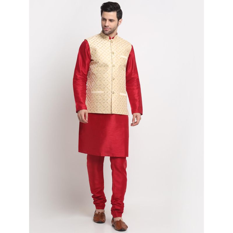 Kraft India Men Silk Maroon Kurta and Churidar with Beige Embroidered Nehru Jacket (Set of 3) (36)