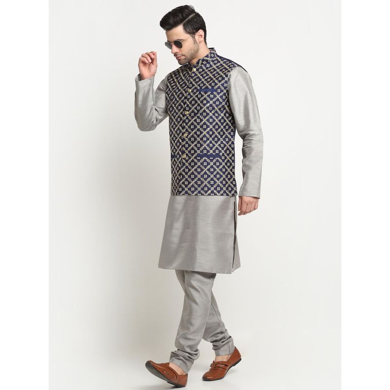 Kraft India Men Silk Silver Kurta Churidar with Navy Blue Embroidered Nehru Jacket (Set of 3) (36)