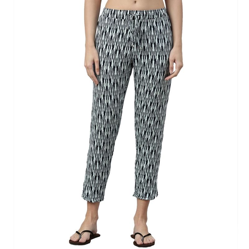 Enamor Essentials Womens E048-Mid Rise 7-8th Relaxed fit Lounge Pants-Geo Ikat Aop Ice Blue Blue (L)