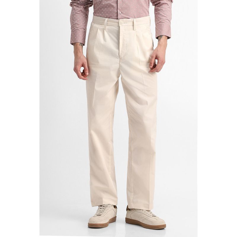 Snitch Beige Plain Relaxed Casual Trouser for Men (32)