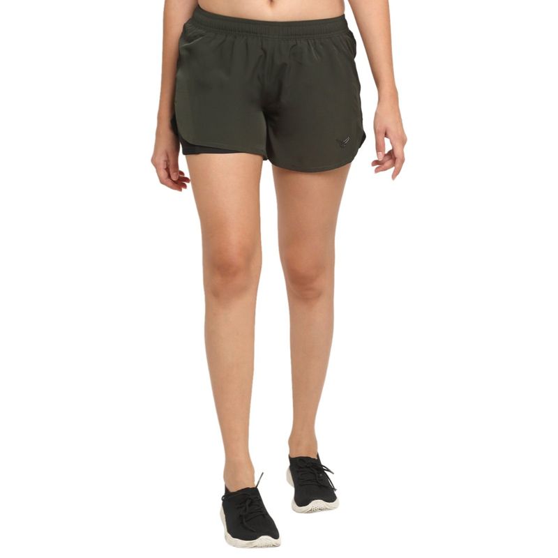 INVINCIBLE Olive Black Women Double Layered Shorts (M)