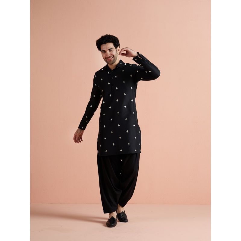 KISAH Black Cotton Embroidered Pathani Kurta and Patiala Set (38)