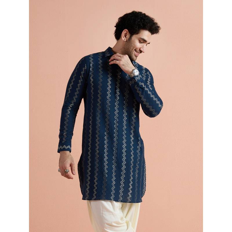 KISAH Men Navy Blue Cotton Jacquard Pathani Kurta (38)