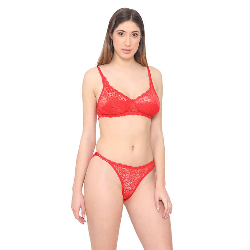 N-Gal Women's Sheer Lace See through Lingerie Underwear Lace Bra G-String  Panty Set - Red (S)