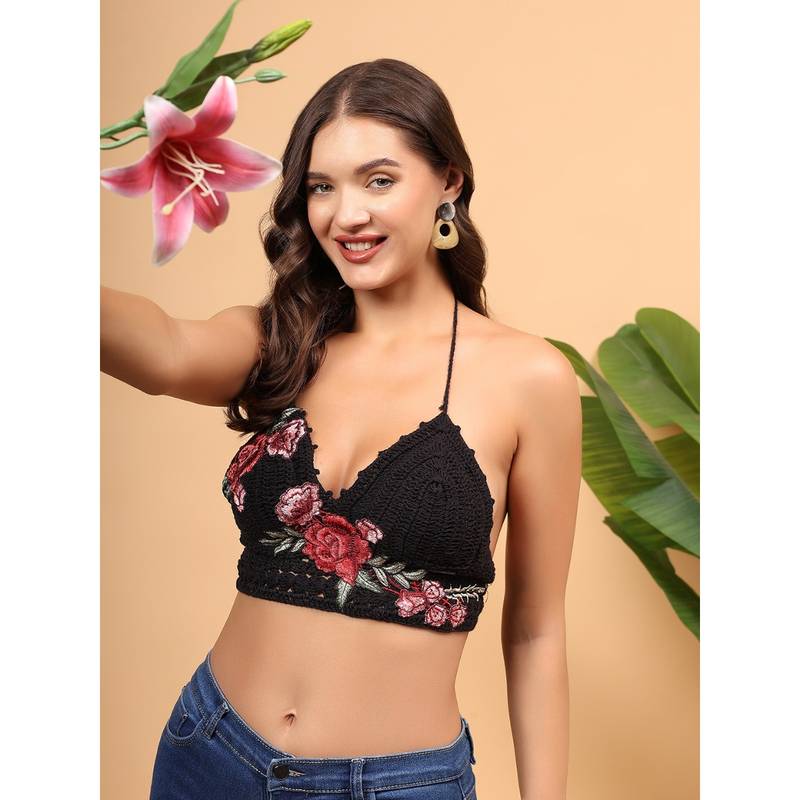 Velvery Crochet Rose Bralette - Black (36)