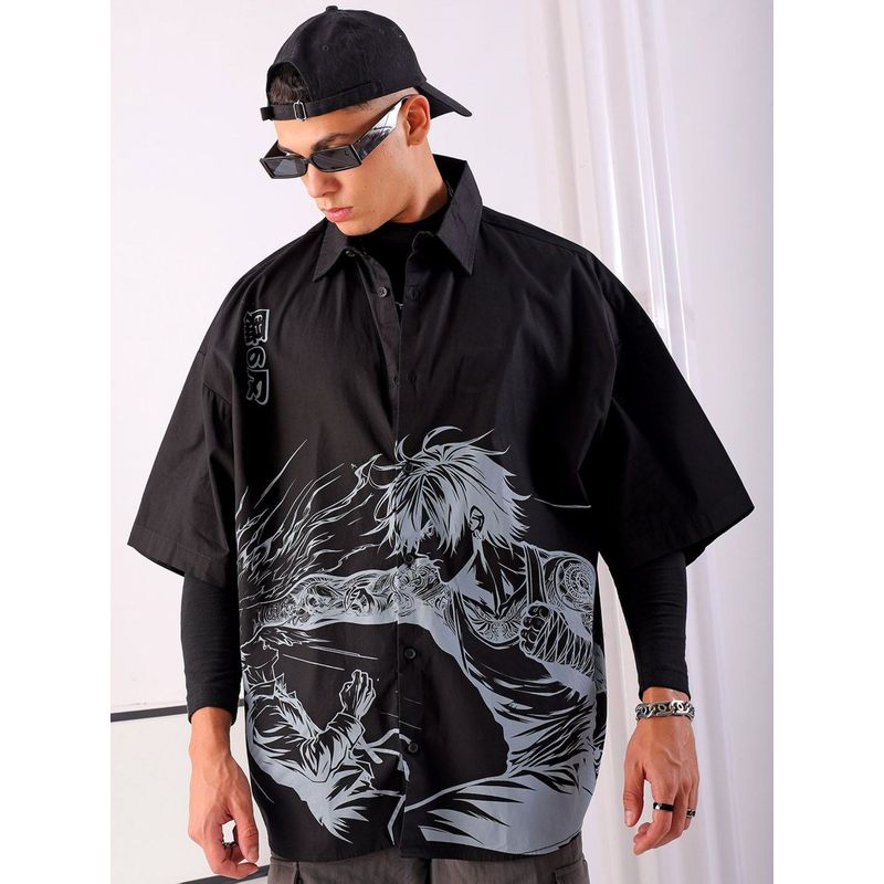 The Indian Garage Co Men's Oversized Anime Print Half Sleeves Street Wear Shirt (S)